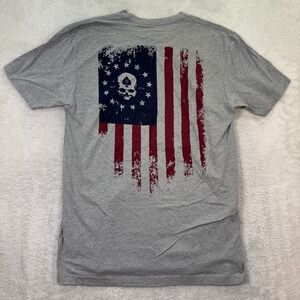 Zero Foxtrot T-Shirt Men Medium Gray‎ Red Blue Skull USA Flag ZF Logo Tattered